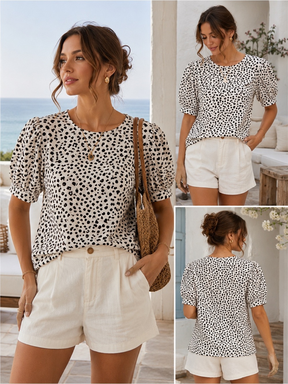 Women’s Cream Puff-Sleeve Spot Print Top